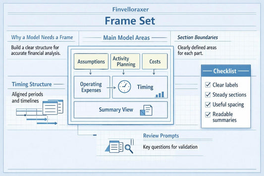 Diagram of a financial model frame set with sections like Assumptions, Activity Planning, Costs, etc.