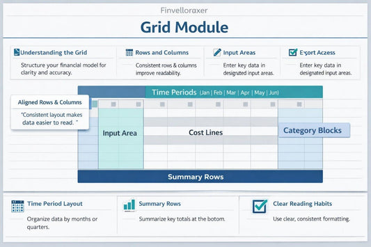 Grid module layout with time periods and input areas on a white background