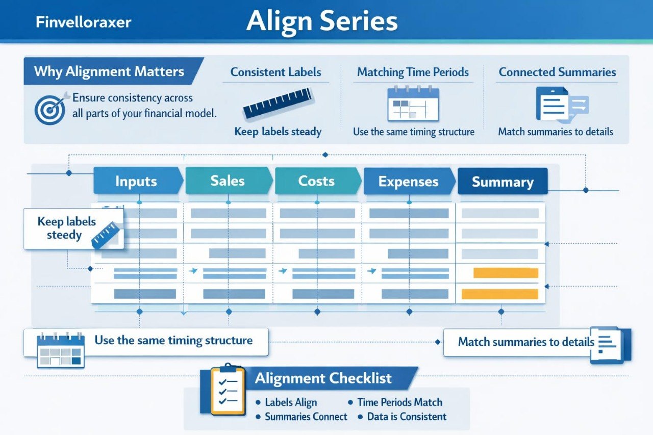 Diagram of financial model alignment series with steps and checklist on a blue background