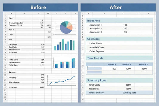 Comparison of a spreadsheet 'Before' and 'After' with added sections.