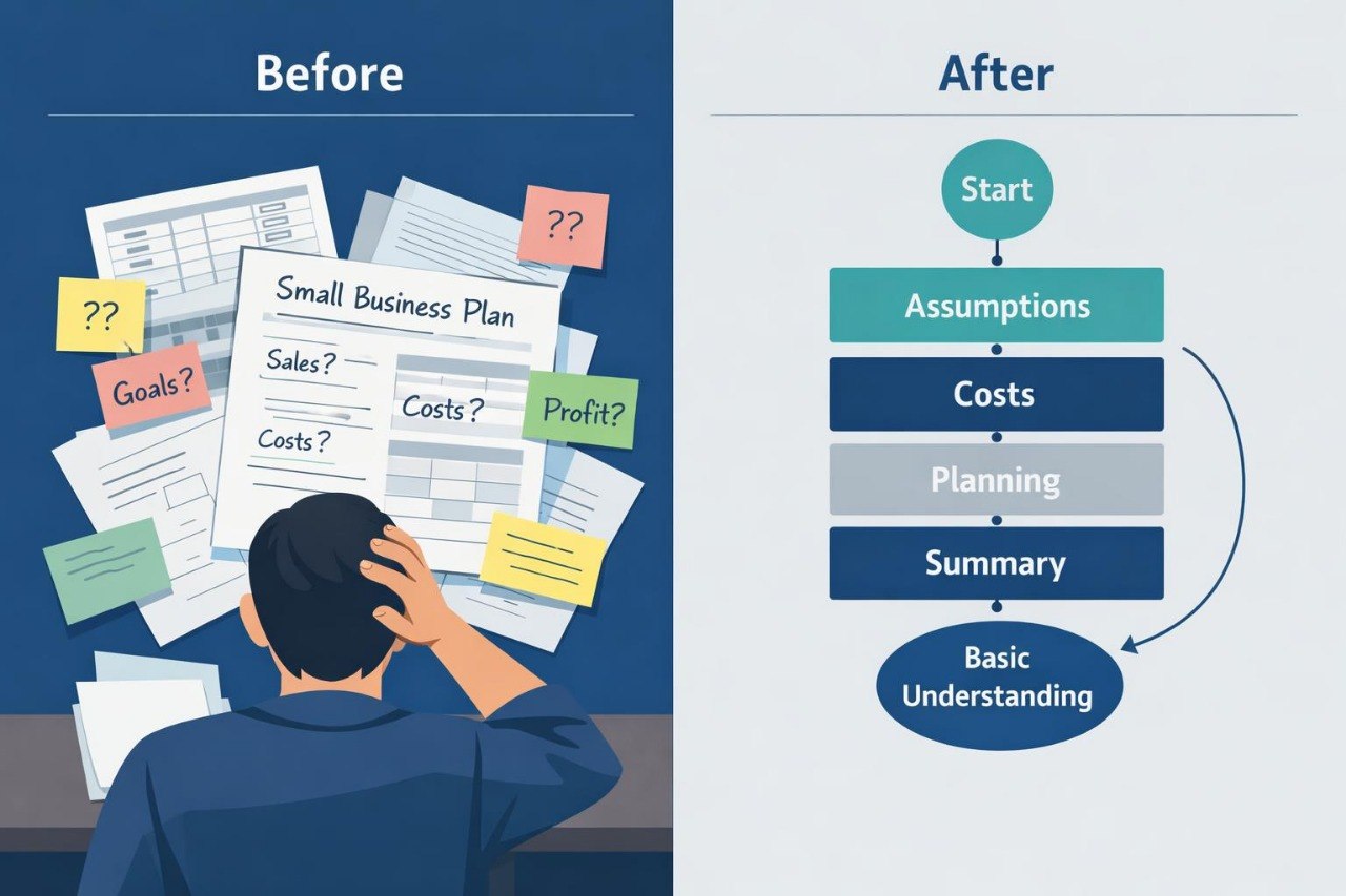 Illustration of a person overwhelmed by a small business plan with questions, transitioning to a clear step-by-step process on a white background.