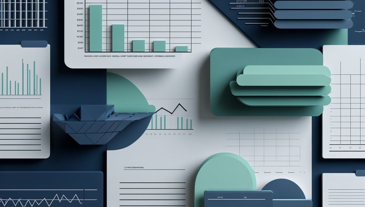 Collage of financial charts, graphs, and documents in teal and blue tones.