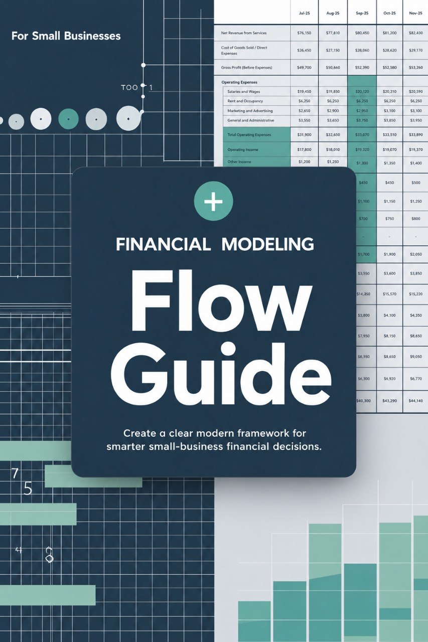 Book titled 'Financial Modeling Flow Guide' on a background with financial charts and graphs.