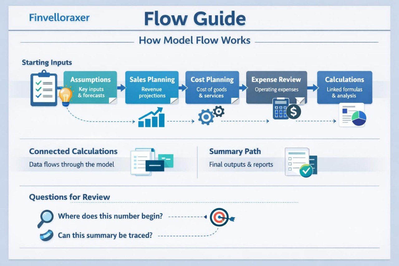 Flow guide diagram for model flow with steps and calculations on a blue background