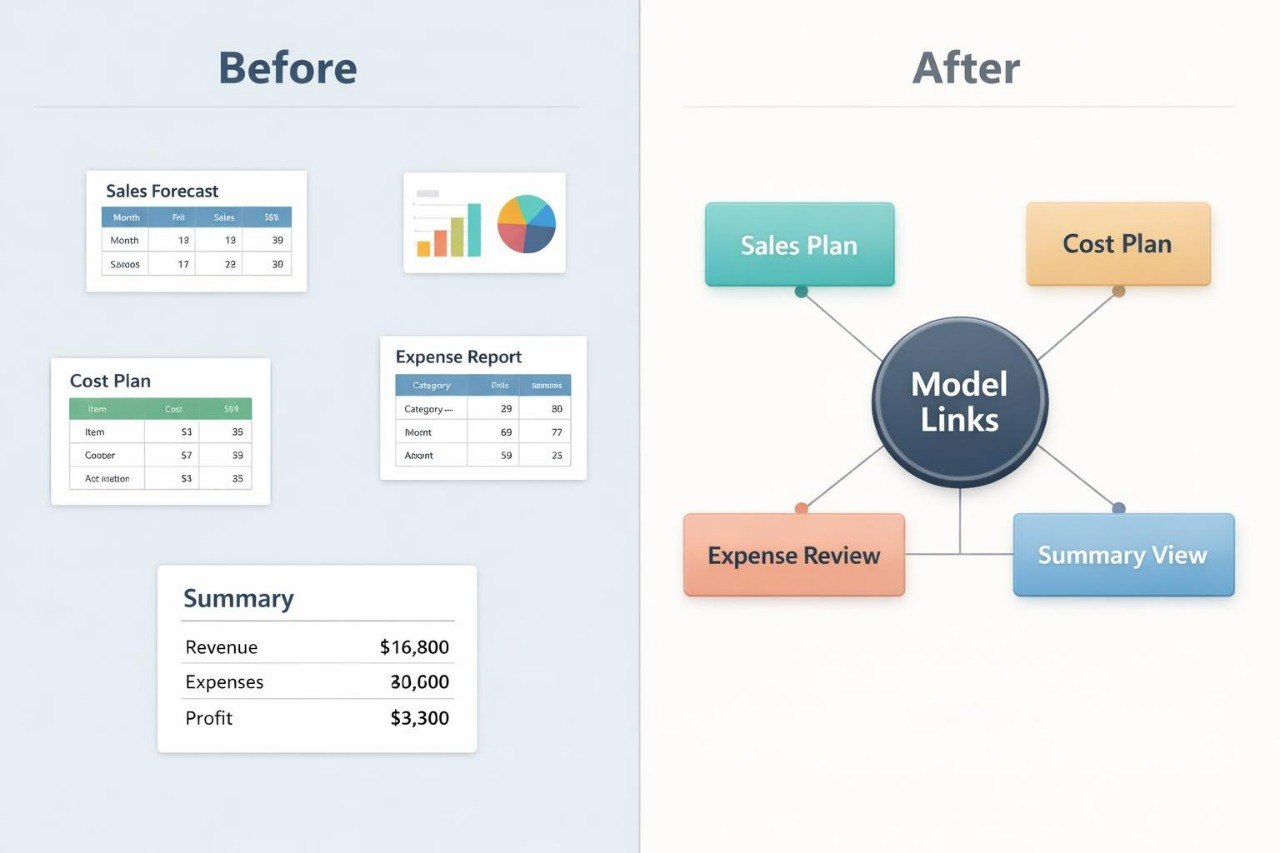 Comparison of before and after visualizations with charts and a flowchart.