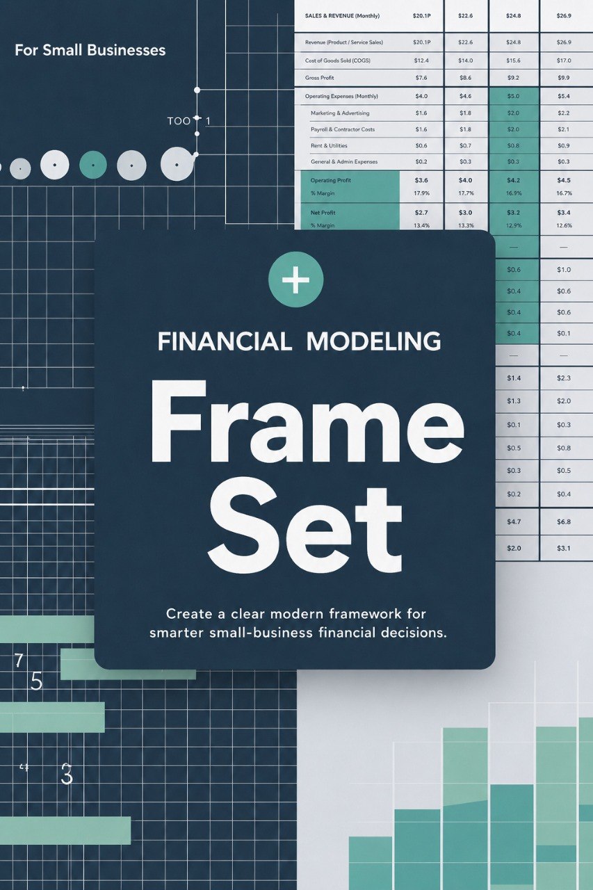 Book titled 'Financial Modeling Frame Set' on a background with financial charts and text.