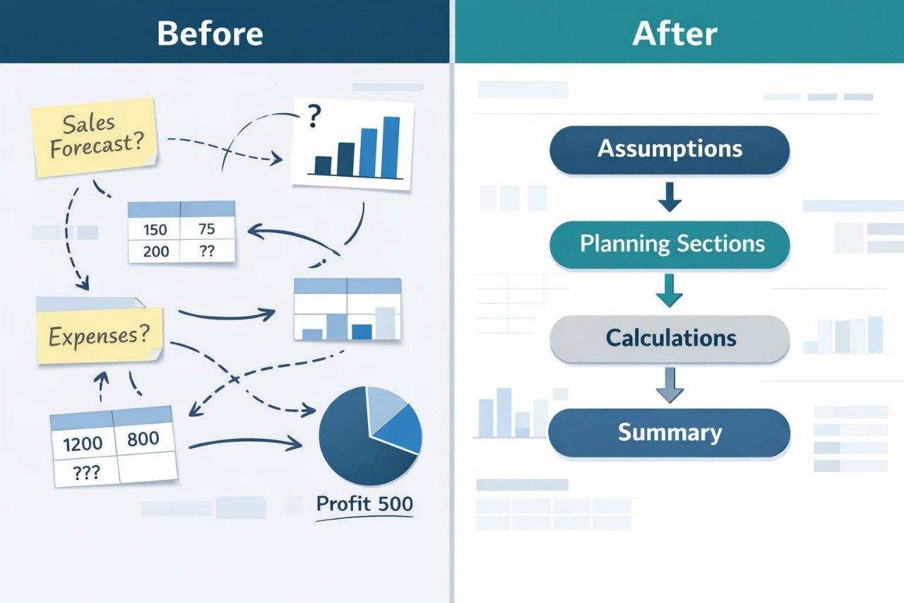 Comparison of a complex flowchart labeled 'Before' with a simplified diagram labeled 'After' on a blue and white background.