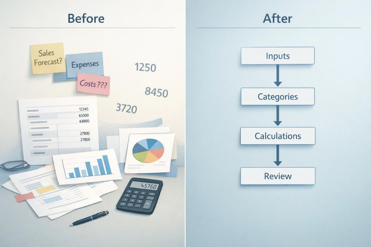 Comparison of before and after financial planning processes with charts, graphs, and text.