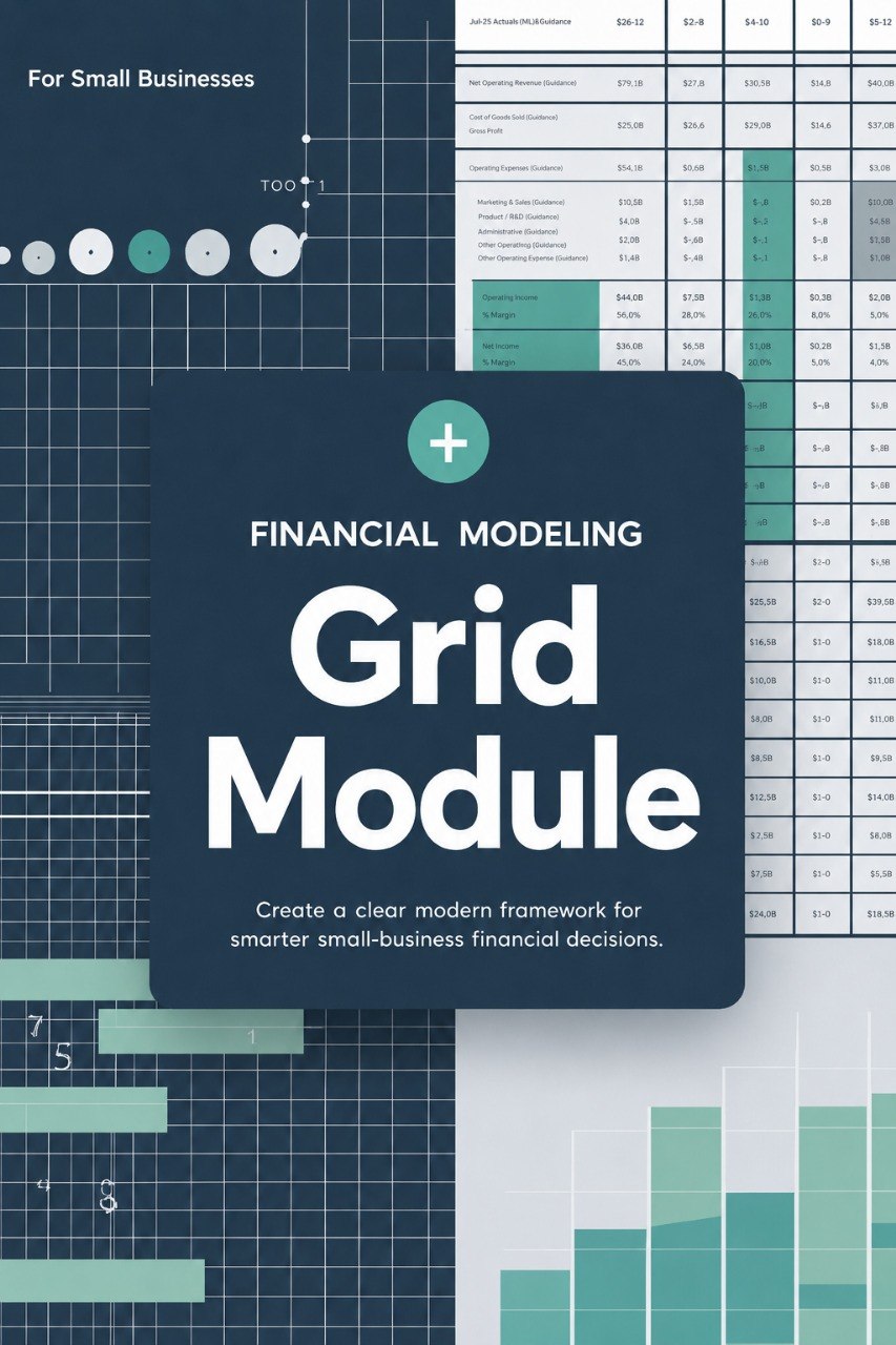 Financial modeling grid module with text on a blue and white background