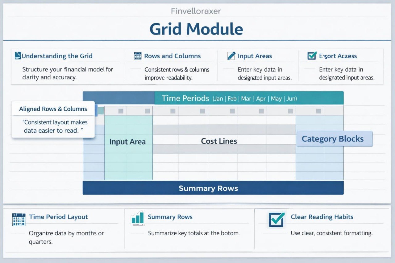 Grid module layout with time periods and input areas on a white background