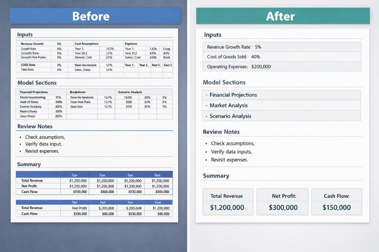 Comparison of a financial model before and after enhancements, showing inputs, model sections, review notes, and summary.