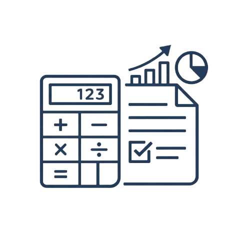 Icon of a calculator and document with charts on a white background