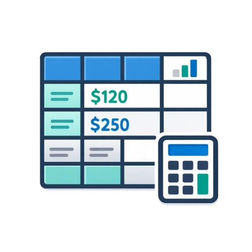 Illustration of a financial dashboard with numbers and a calculator on a white background