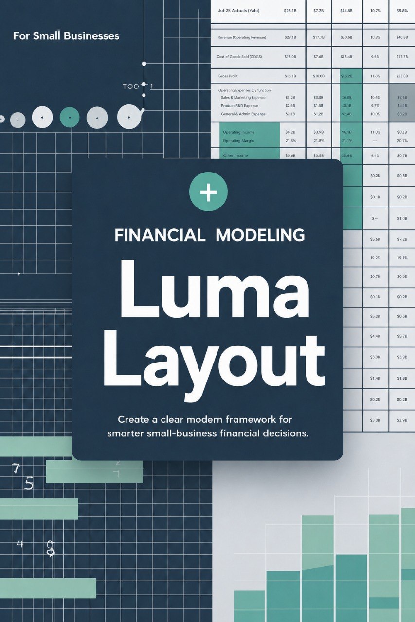 Luma Layout financial modeling guide with charts and graphs on a blue background