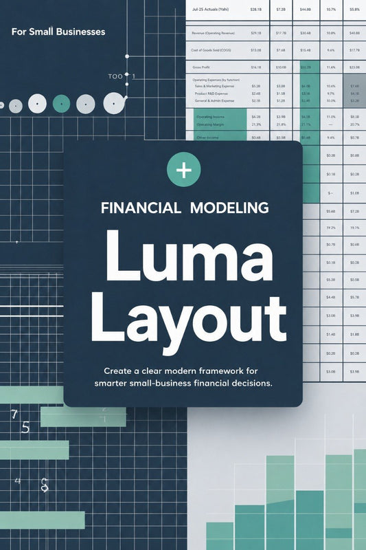 Luma Layout financial modeling guide with charts and graphs on a blue background
