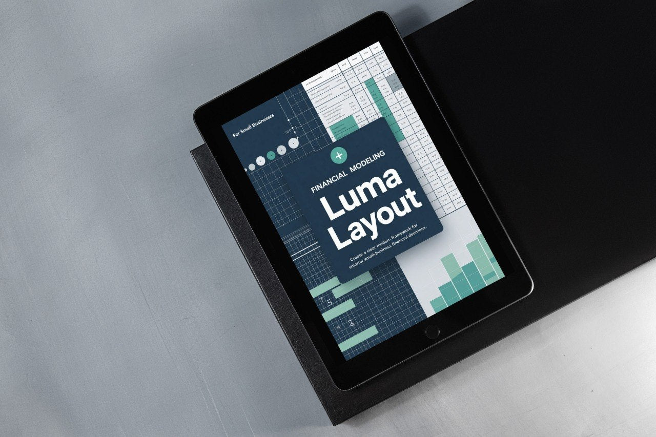 Tablet displaying 'Luma Layout' on a gray surface