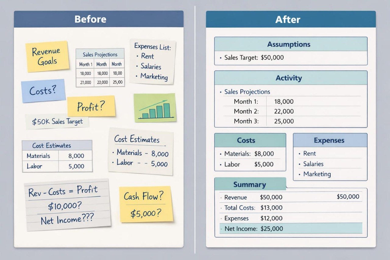 Comparison of 'Before' and 'After' financial planning templates on a gray background