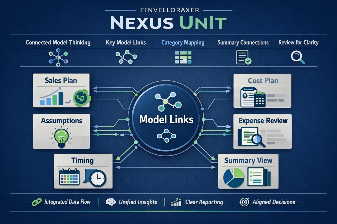 Diagram of a software interface with 'Nexus Unit' branding and various model links on a blue background.