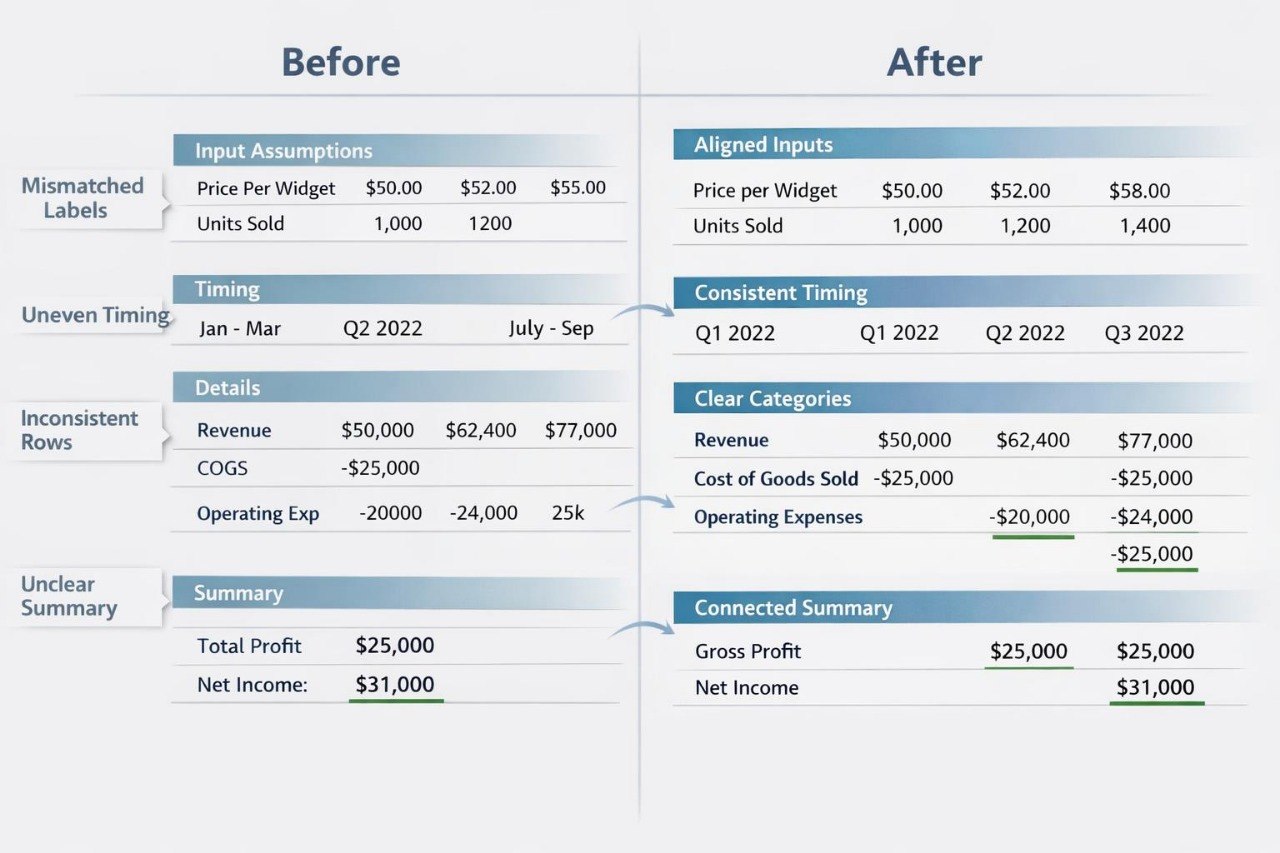 Comparison chart titled 'Before' and 'After' showing financial data alignment.