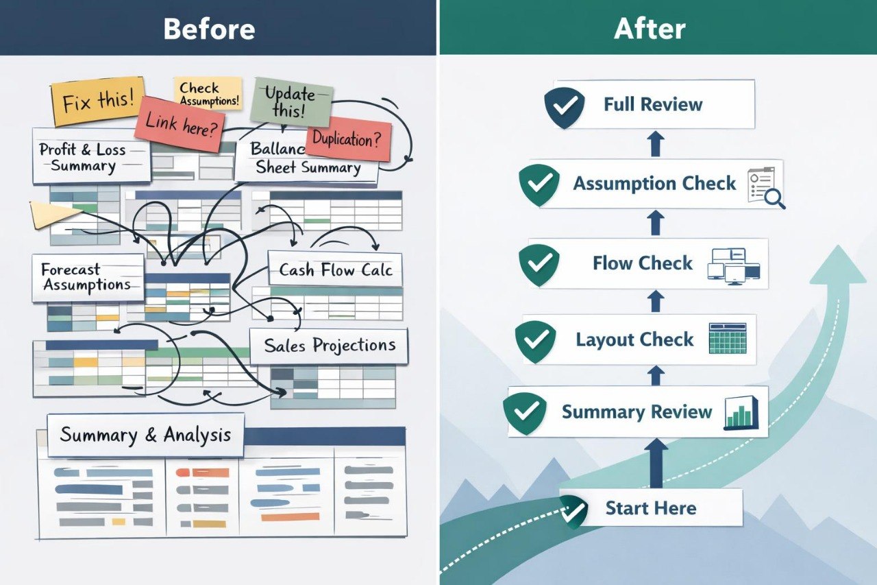 Before and after comparison of a complex spreadsheet with check boxes and text on a blue and green background.